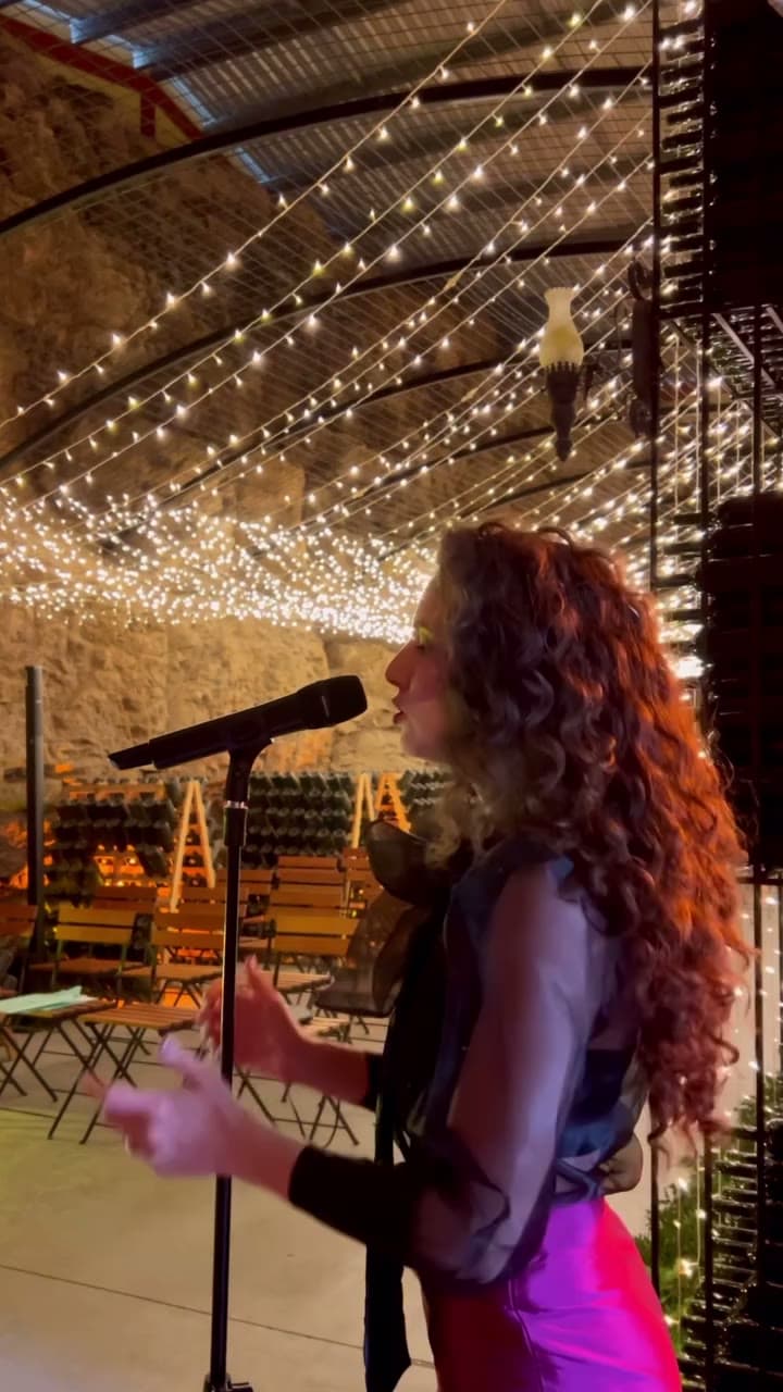 Laura cantando no casamento de Carmen e Felipe, sob luzes de festa